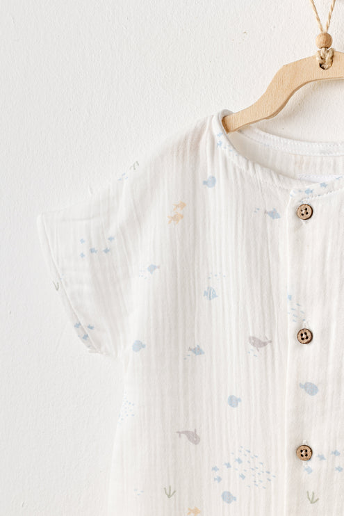 White Happy Ocean Muslin Romper
