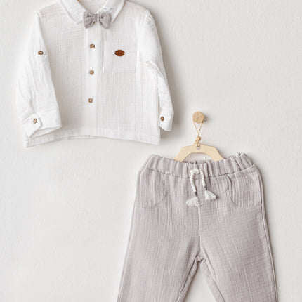 Grey Muslin Bowtie Outfit Set