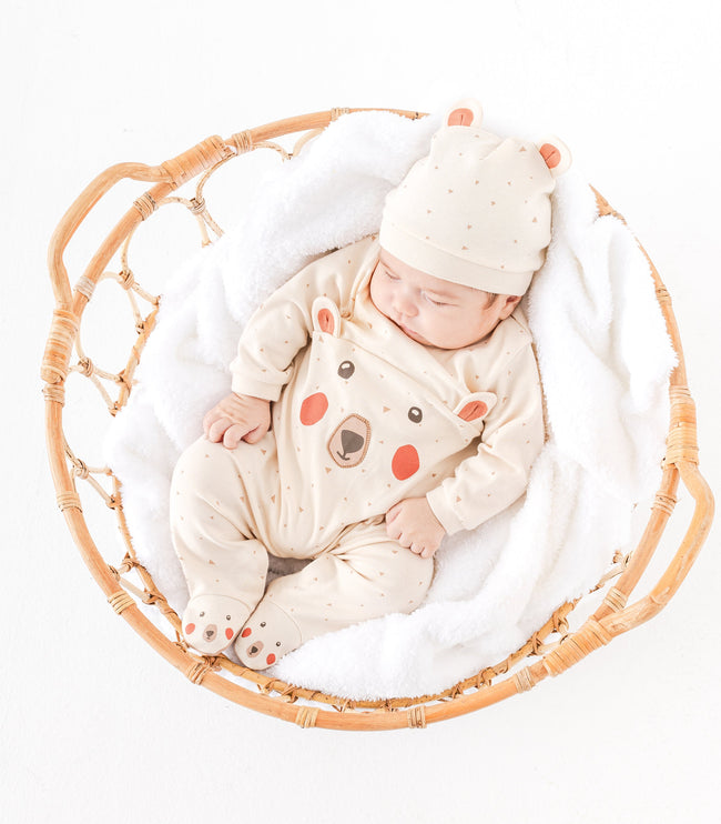 Beige Adventurous Bear Babygrow & Hat