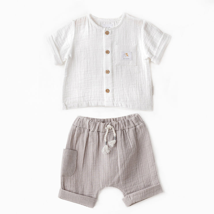 Grey Shorts Button Outfit