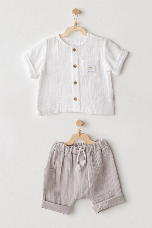 Grey Shorts Button Outfit