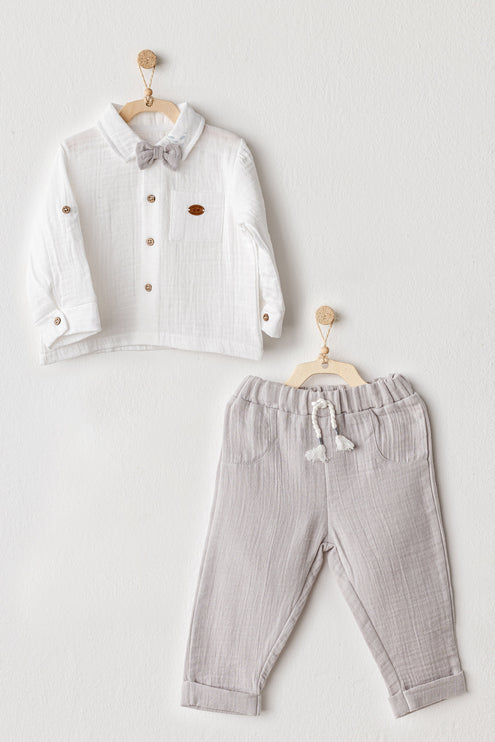 Grey Muslin Bowtie Outfit Set