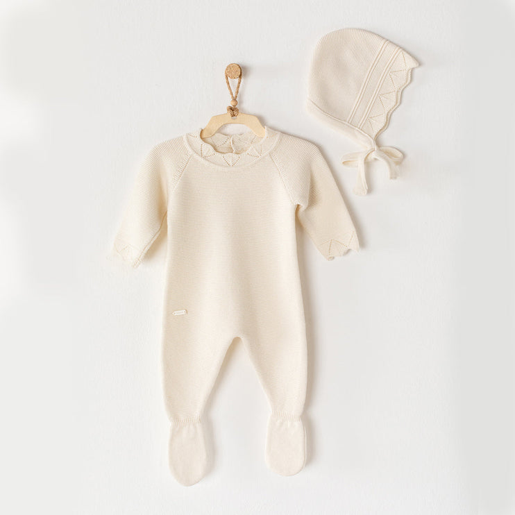 ECRU Ivory Romper and Hat Knitwear Set