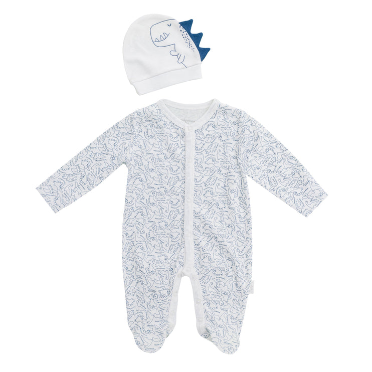 White Jurassic Print Babygrow & Beanie