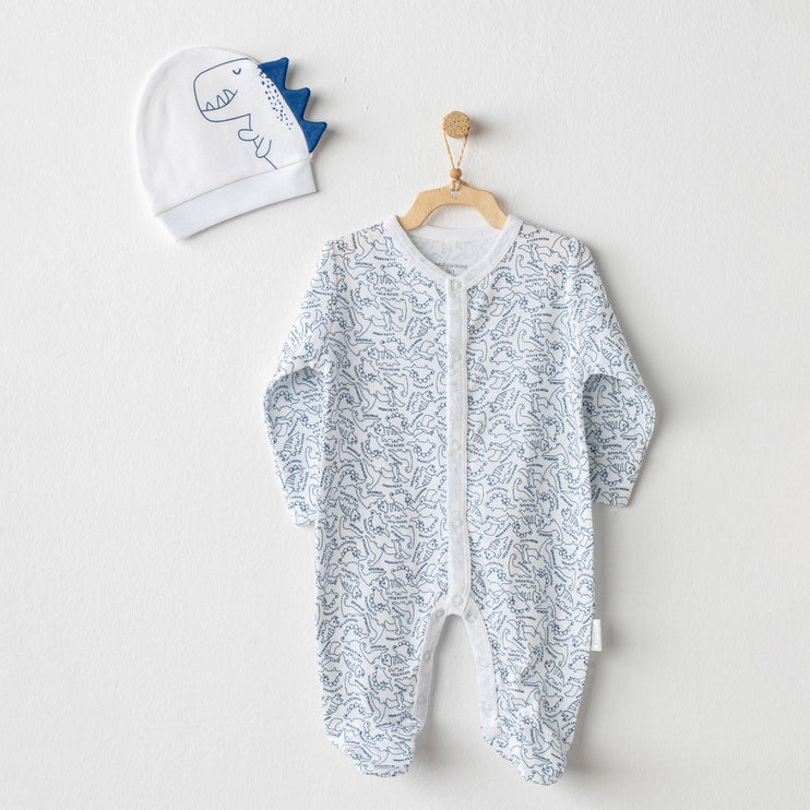 White Jurassic Print Babygrow & Beanie